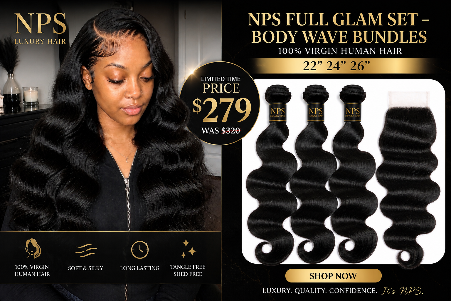 NPS Full Glam Set – Body Wave Bundles (22” 24” 26”) 100% Virgin Human Hair